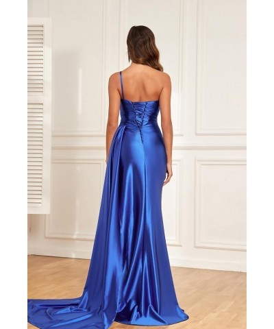 One Shoulder Satin Prom Dresses for Teens Long Mermaid Bridesmaid Dresses Pleated Formal Evening Gowns with Slit MR57 Navy $2...