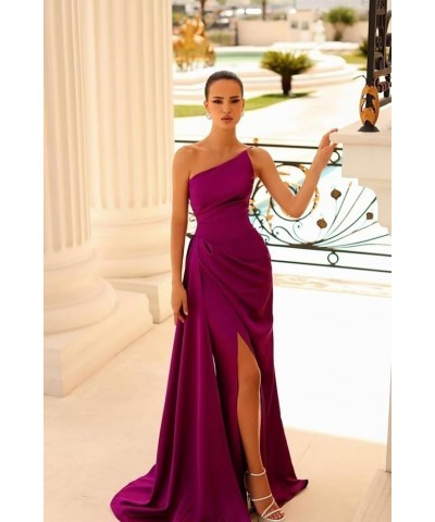 One Shoulder Satin Prom Dresses for Teens Long Mermaid Bridesmaid Dresses Pleated Formal Evening Gowns with Slit MR57 Navy $2...