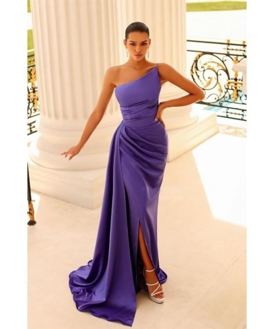 One Shoulder Satin Prom Dresses for Teens Long Mermaid Bridesmaid Dresses Pleated Formal Evening Gowns with Slit MR57 Navy $2...