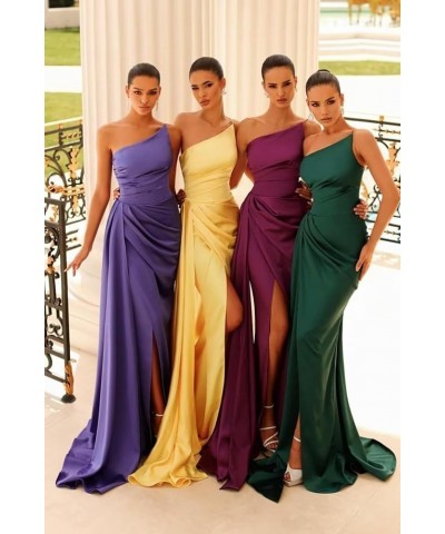 One Shoulder Satin Prom Dresses for Teens Long Mermaid Bridesmaid Dresses Pleated Formal Evening Gowns with Slit MR57 Navy $2...