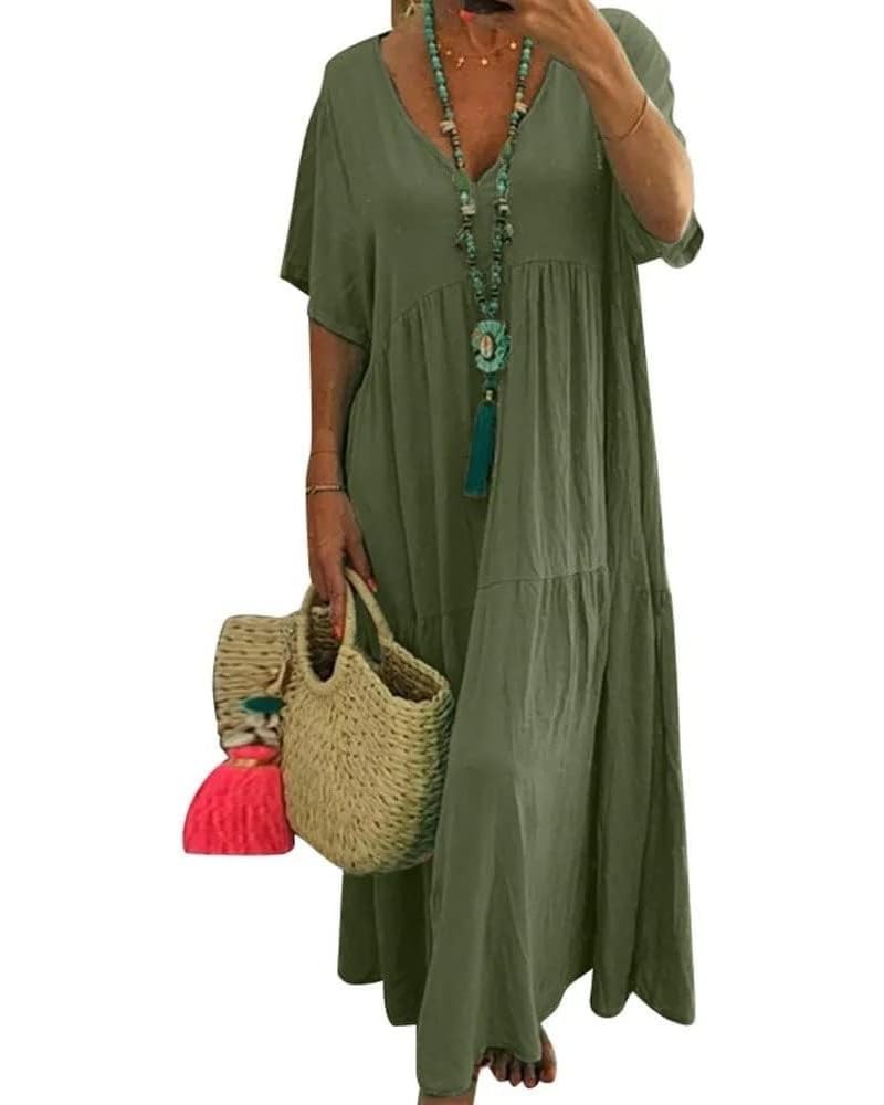 Womens Oversized Cotton Linen Maxi Dresses Solid Short Sleeve V Neck Maternity Loose Ankle Length Dresses Army Green $18.14 D...