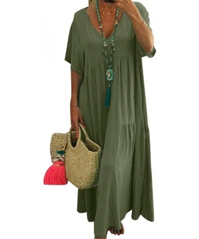 Womens Oversized Cotton Linen Maxi Dresses Solid Short Sleeve V Neck Maternity Loose Ankle Length Dresses Army Green $18.14 D...