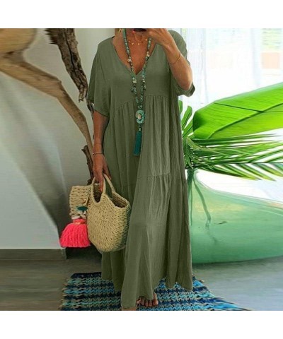 Womens Oversized Cotton Linen Maxi Dresses Solid Short Sleeve V Neck Maternity Loose Ankle Length Dresses Army Green $18.14 D...