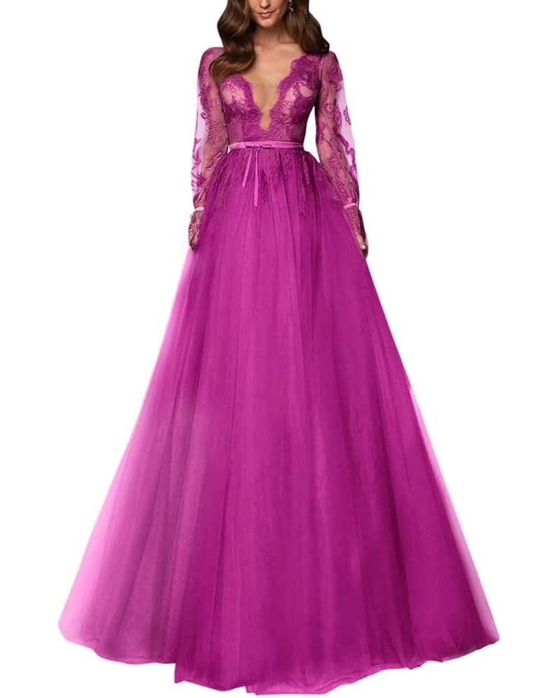 Long Sleeve Prom Dress V-Neck Laces Tulle Wedding Dresses A Line Formal Evening Gowns Fuchsia $41.17 Dresses