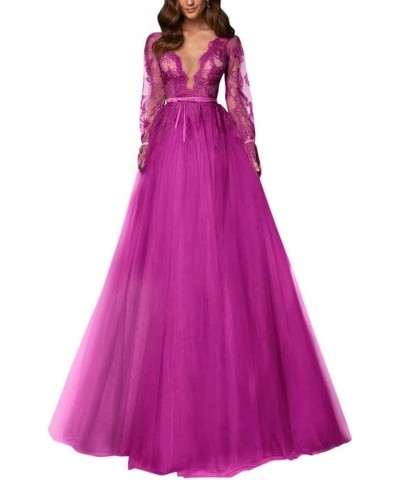 Long Sleeve Prom Dress V-Neck Laces Tulle Wedding Dresses A Line Formal Evening Gowns Fuchsia $41.17 Dresses