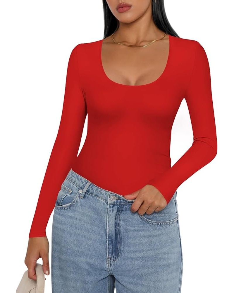 Women Long Sleeve Shirt Scoop Neck Tops Slim Fit Basic Top Thermal Undershirts Base Layer Tee XS-XXL Red $10.07 Activewear