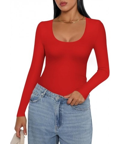 Women Long Sleeve Shirt Scoop Neck Tops Slim Fit Basic Top Thermal Undershirts Base Layer Tee XS-XXL Red $10.07 Activewear