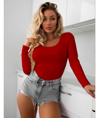 Women Long Sleeve Shirt Scoop Neck Tops Slim Fit Basic Top Thermal Undershirts Base Layer Tee XS-XXL Red $10.07 Activewear