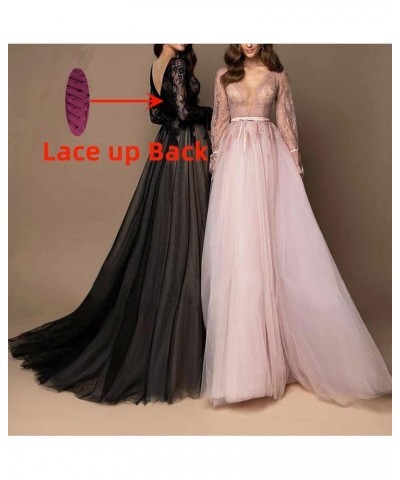 Long Sleeve Prom Dress V-Neck Laces Tulle Wedding Dresses A Line Formal Evening Gowns Fuchsia $41.17 Dresses