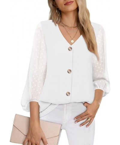 Womens Balloon 3/4 Sleeve Casual V Neck Button Down Shirts Chiffon Blouses Tops White $13.24 Blouses