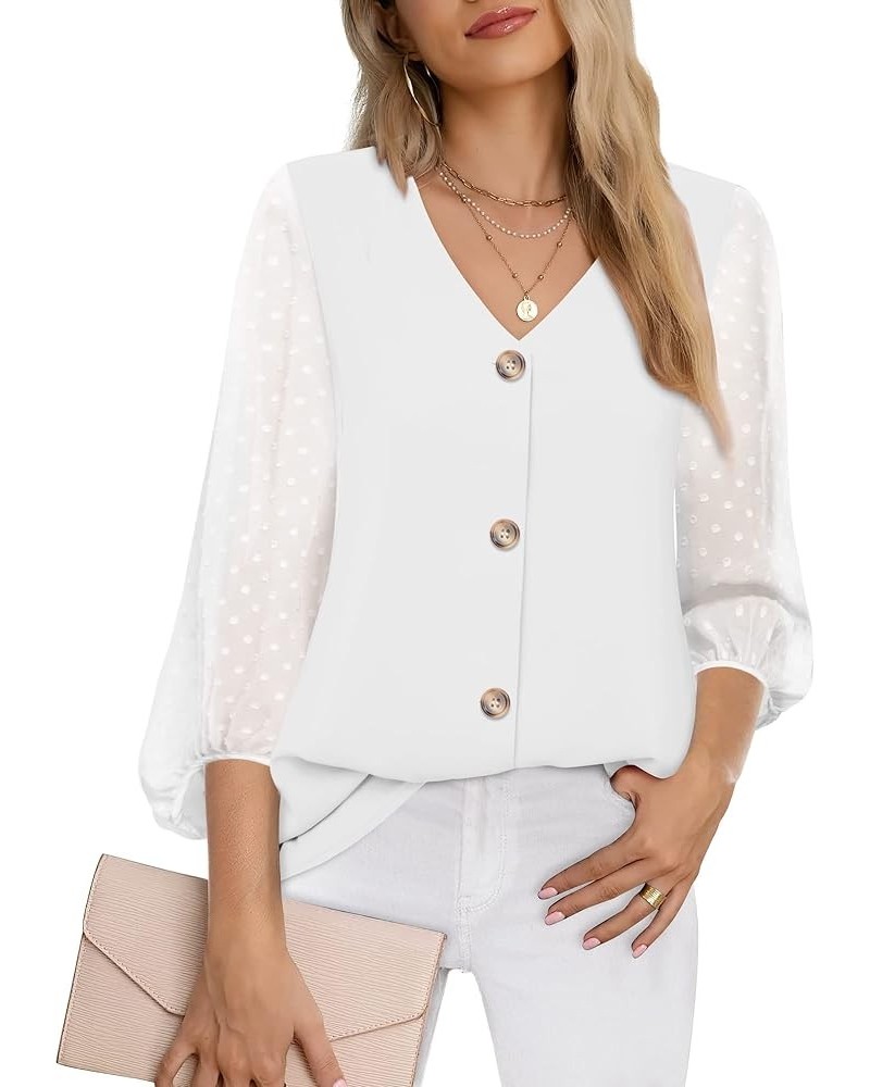 Womens Balloon 3/4 Sleeve Casual V Neck Button Down Shirts Chiffon Blouses Tops White $13.24 Blouses