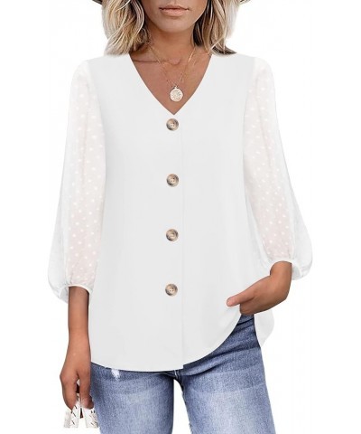 Womens Balloon 3/4 Sleeve Casual V Neck Button Down Shirts Chiffon Blouses Tops White $13.24 Blouses