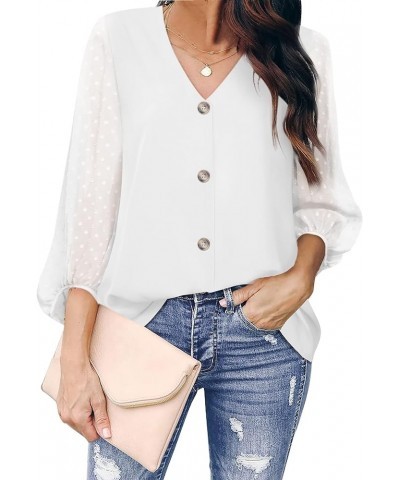 Womens Balloon 3/4 Sleeve Casual V Neck Button Down Shirts Chiffon Blouses Tops White $13.24 Blouses