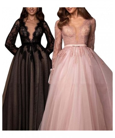 Long Sleeve Prom Dress V-Neck Laces Tulle Wedding Dresses A Line Formal Evening Gowns Fuchsia $41.17 Dresses