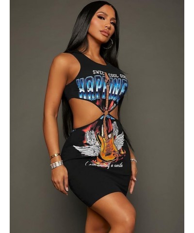 Women's Graphic Letter Print Sleeveless Cut Out Mini Bodycon Dress A Black $21.45 Swimsuits