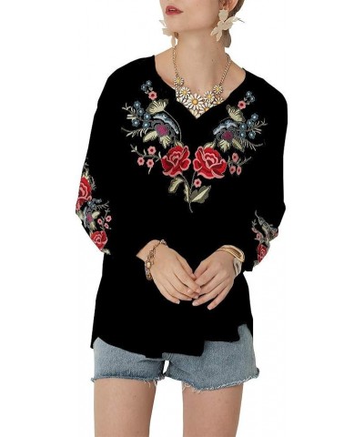 Women's Embroidered Tops Mexican Shirt V Neck Summer Casual Tops Peasant Tunic Loose Blouse 059-black $24.20 Blouses