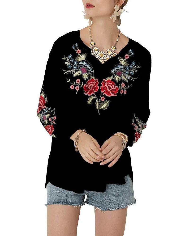 Women's Embroidered Tops Mexican Shirt V Neck Summer Casual Tops Peasant Tunic Loose Blouse 059-black $24.20 Blouses