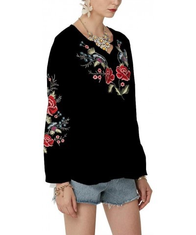 Women's Embroidered Tops Mexican Shirt V Neck Summer Casual Tops Peasant Tunic Loose Blouse 059-black $24.20 Blouses