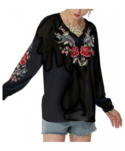 Women's Embroidered Tops Mexican Shirt V Neck Summer Casual Tops Peasant Tunic Loose Blouse 059-black $24.20 Blouses