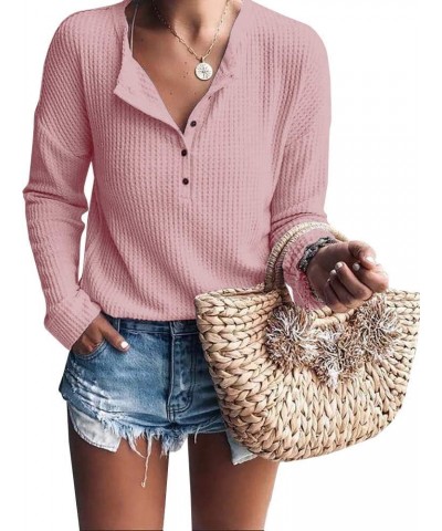 Womens Henley Shirts V Neck Long Sleeve Button Down Tops Warm Waffle Knit Tees Pink $11.94 Others