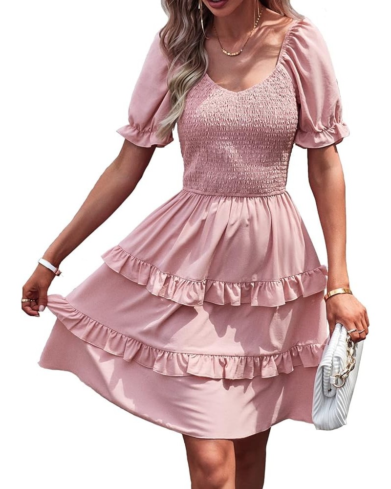 Women's Dresses Casual Summer Print Ruffle A Line Short Sleeve Mini Floral Dress for Women Solid Pink $11.19 Dresses