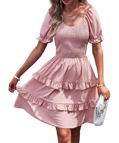 Women's Dresses Casual Summer Print Ruffle A Line Short Sleeve Mini Floral Dress for Women Solid Pink $11.19 Dresses