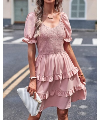 Women's Dresses Casual Summer Print Ruffle A Line Short Sleeve Mini Floral Dress for Women Solid Pink $11.19 Dresses