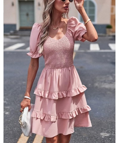 Women's Dresses Casual Summer Print Ruffle A Line Short Sleeve Mini Floral Dress for Women Solid Pink $11.19 Dresses