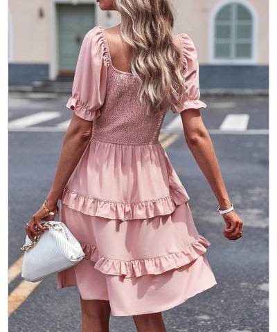 Women's Dresses Casual Summer Print Ruffle A Line Short Sleeve Mini Floral Dress for Women Solid Pink $11.19 Dresses