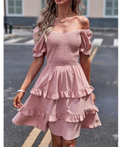 Women's Dresses Casual Summer Print Ruffle A Line Short Sleeve Mini Floral Dress for Women Solid Pink $11.19 Dresses