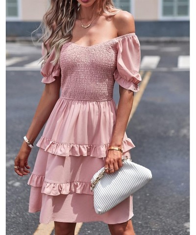 Women's Dresses Casual Summer Print Ruffle A Line Short Sleeve Mini Floral Dress for Women Solid Pink $11.19 Dresses