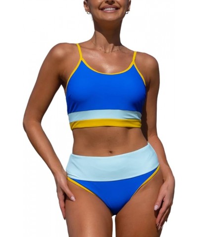 Bikini Sets for Women Sporty Scoop Neck Bathing Suits Two Piece Swimsuit with Bottom Blue+stripe $14.28 Swimsuits