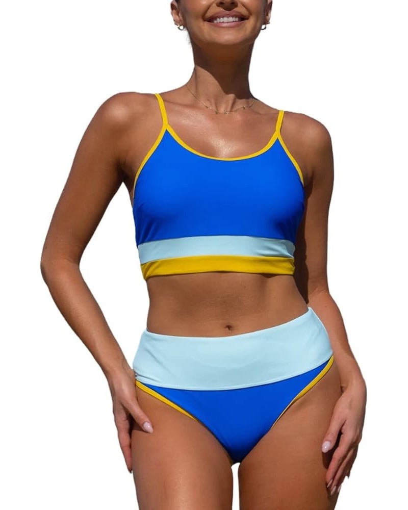 Bikini Sets for Women Sporty Scoop Neck Bathing Suits Two Piece Swimsuit with Bottom Blue+stripe $14.28 Swimsuits