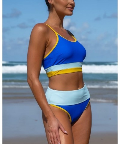 Bikini Sets for Women Sporty Scoop Neck Bathing Suits Two Piece Swimsuit with Bottom Blue+stripe $14.28 Swimsuits