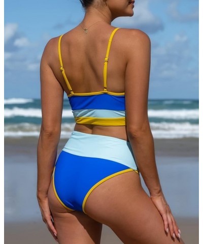 Bikini Sets for Women Sporty Scoop Neck Bathing Suits Two Piece Swimsuit with Bottom Blue+stripe $14.28 Swimsuits