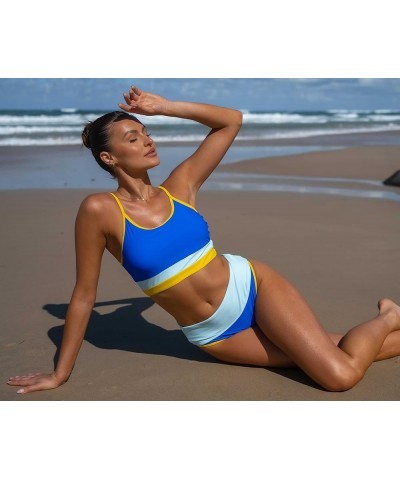 Bikini Sets for Women Sporty Scoop Neck Bathing Suits Two Piece Swimsuit with Bottom Blue+stripe $14.28 Swimsuits