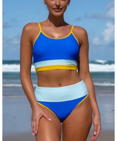 Bikini Sets for Women Sporty Scoop Neck Bathing Suits Two Piece Swimsuit with Bottom Blue+stripe $14.28 Swimsuits