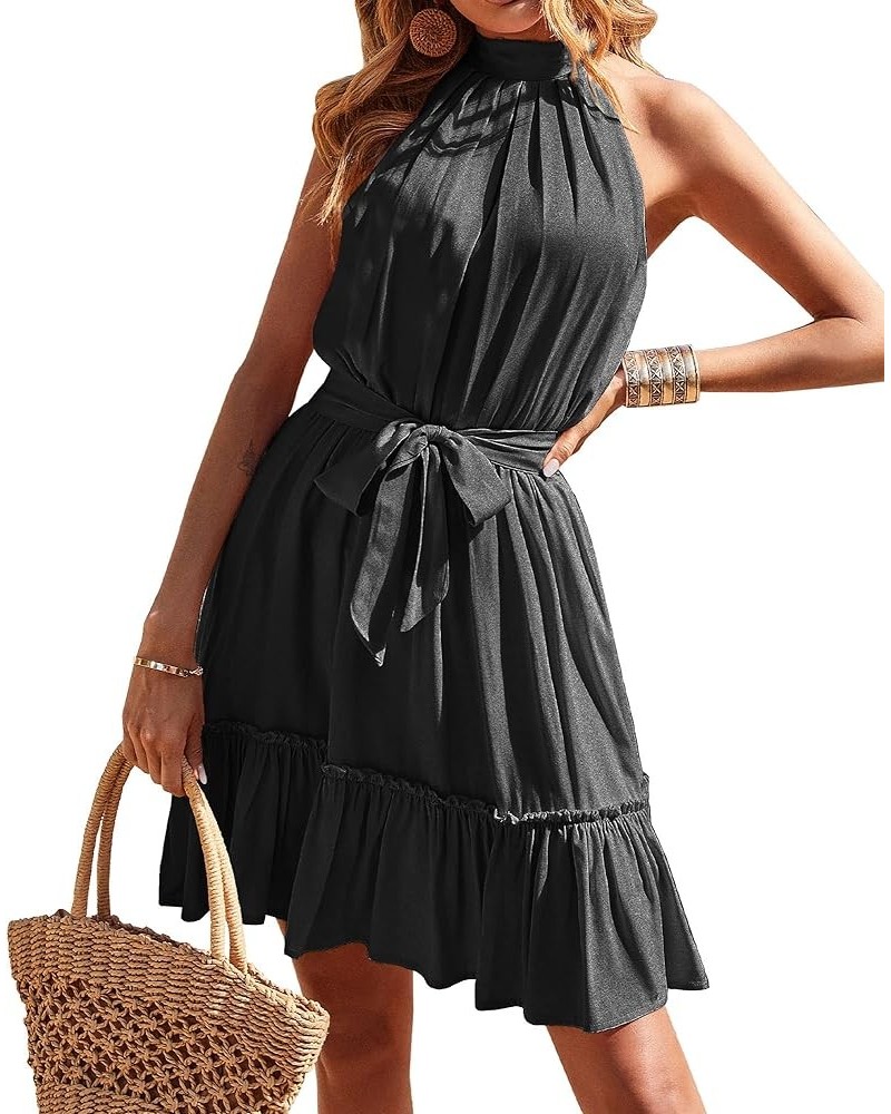 Women 2024 Summer Halter Neck Dresses Sleeveless Casual Floral Polka Dot Print Short Boho Ruffle Sundress Solid Black $18.45 ...