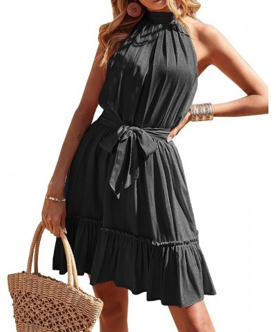 Women 2024 Summer Halter Neck Dresses Sleeveless Casual Floral Polka Dot Print Short Boho Ruffle Sundress Solid Black $18.45 ...