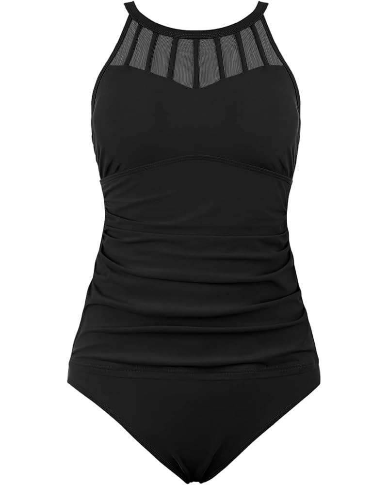 Mesh Tankini Bathing Suits for Women with Shorts Tummy Control Swimwear High Neck Two Piece Swimsuits Black $22.13 Swimsuits