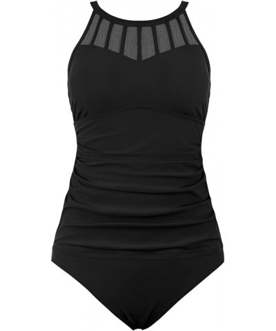 Mesh Tankini Bathing Suits for Women with Shorts Tummy Control Swimwear High Neck Two Piece Swimsuits Black $22.13 Swimsuits