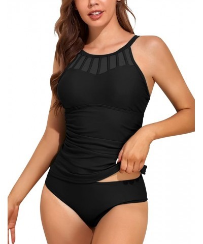 Mesh Tankini Bathing Suits for Women with Shorts Tummy Control Swimwear High Neck Two Piece Swimsuits Black $22.13 Swimsuits