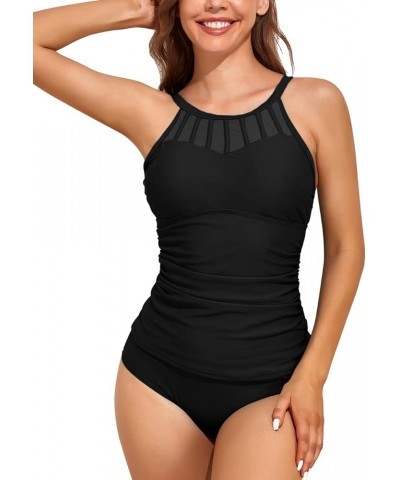 Mesh Tankini Bathing Suits for Women with Shorts Tummy Control Swimwear High Neck Two Piece Swimsuits Black $22.13 Swimsuits