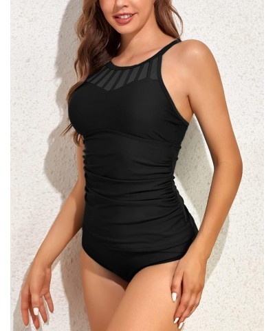 Mesh Tankini Bathing Suits for Women with Shorts Tummy Control Swimwear High Neck Two Piece Swimsuits Black $22.13 Swimsuits