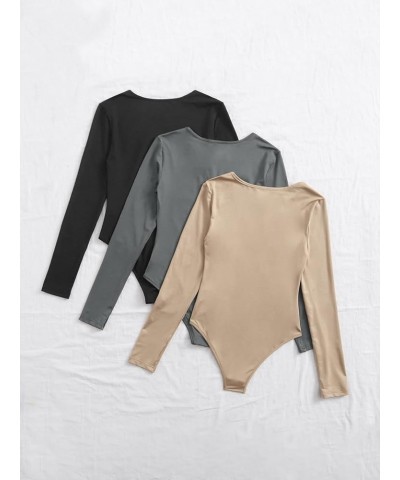 Women's 3 Piece Bodysuit Long Sleeve Round Neck Ribbed Knit Tank Top Bodysuits Leotards Black Khaki Grey $10.44 Bodysuits