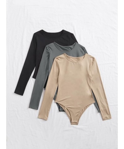 Women's 3 Piece Bodysuit Long Sleeve Round Neck Ribbed Knit Tank Top Bodysuits Leotards Black Khaki Grey $10.44 Bodysuits