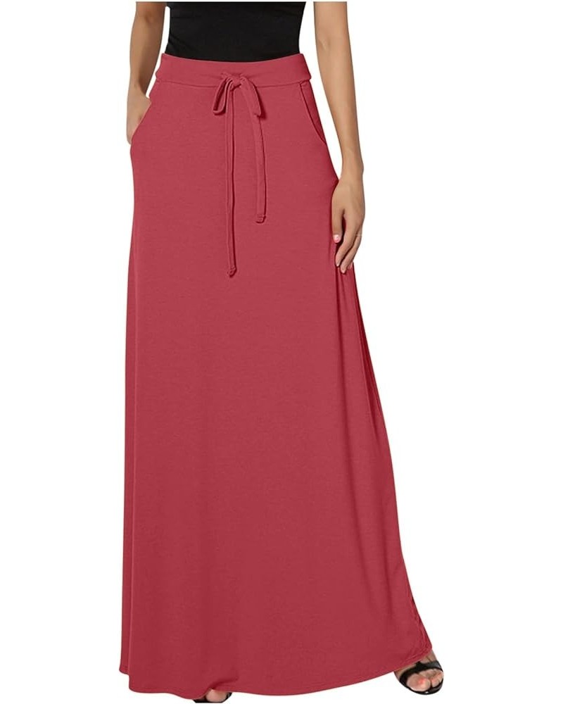 Women's Drawstring Elastic High Waisted Maxi Skirt Solid Loose Casual Basic A-Line Ankle Length Skirts with Pockets Watermelo...