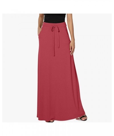 Women's Drawstring Elastic High Waisted Maxi Skirt Solid Loose Casual Basic A-Line Ankle Length Skirts with Pockets Watermelo...