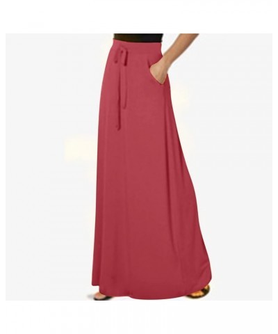 Women's Drawstring Elastic High Waisted Maxi Skirt Solid Loose Casual Basic A-Line Ankle Length Skirts with Pockets Watermelo...