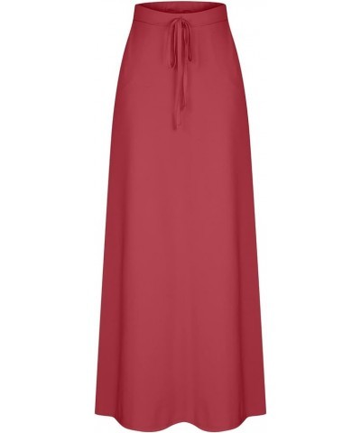 Women's Drawstring Elastic High Waisted Maxi Skirt Solid Loose Casual Basic A-Line Ankle Length Skirts with Pockets Watermelo...